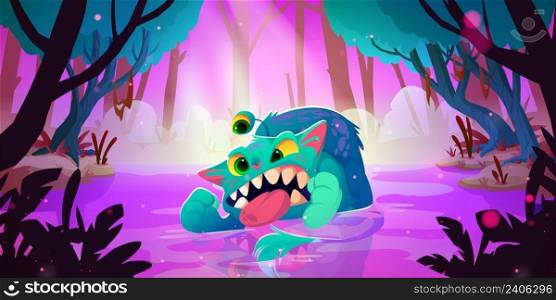 Fantasy monster in sw&in magic forest. Vector cartoon illustration of jungle landscape with lake and funny fantastic creature, angry alien animal with fur, teeth and three eyes. Fantasy monster in sw&in magic forest