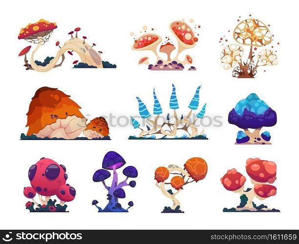 Fantasy mushrooms. Cartoon grebes. Mystical alien nature, unusual flora. Magical ingredient with poisonous or psychedelic effects. Collection of isolated fantastic colorful toadstools. Vector flat set. Fantasy mushrooms. Cartoon grebes. Alien nature, unusual flora. Magical ingredient with poisonous or psychedelic effects. Collection of fantastic colorful toadstools. Vector flat set
