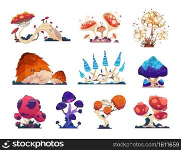 Fantasy mushrooms. Cartoon grebes. Mystical alien nature, unusual flora. Magical ingredient with poisonous or psychedelic effects. Collection of isolated fantastic colorful toadstools. Vector flat set. Fantasy mushrooms. Cartoon grebes. Alien nature, unusual flora. Magical ingredient with poisonous or psychedelic effects. Collection of fantastic colorful toadstools. Vector flat set