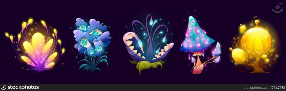 Fantasy mushrooms, flowers and trees, alien planet or magic game plants isolated set. Unusual nature elements, fairy tale or extraterrestrial strange flora or fauna assets. Cartoon vector illustration. Fantasy mushrooms, flowers and trees, alien flora