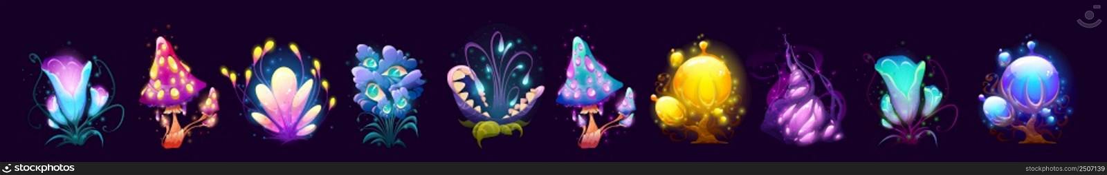 Fantasy mushrooms, flowers and trees, alien planet or magic game plants isolated set. Unusual nature flora or fauna assets, strange fairy tale or extraterrestrial elements, Cartoon vector illustration. Fantasy mushrooms, flowers and trees, alien flora