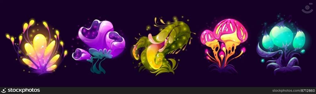 Fantasy mushrooms, flowers and trees, alien planet or magic game plants isolated set. Unusual nature flora or fauna assets, strange fairy tale or extraterrestrial elements, Cartoon vector illustration. Fantasy mushrooms, flowers and trees, alien flora