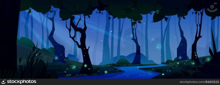 Fantasy night forest cartoon vector background. Mystery fairytale woodland environment with flying glow fireflies, river shore and moonlight beam. Lush trunk on coast and green glowworm picture. Fantasy night forest cartoon vector background