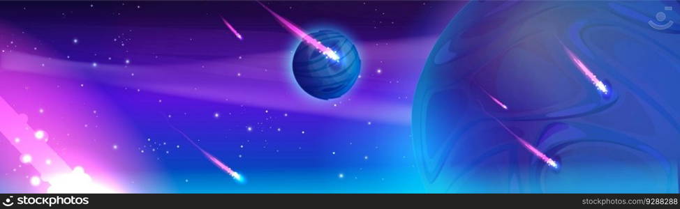 Fantasy outer space background with alien planets and shooting stars. Vector cartoon illustration of beautiful blue cosmic galaxy, comets flying with neon light tails. Magic adventure game backdrop. Fantasy space with planets and shooting stars