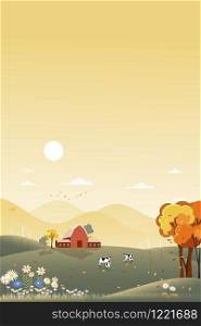 Fantasy panorama landscapes of Countryside in autumn,Panoramic of mid autumn with farm house with the sun and clear sky. Wonderland landscape on fall season in orange foliage.