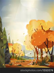 Fantasy panorama landscapes of Countryside in autumn,Panoramic of mid autumn with farm field, mountains,pumpkins and leaves falling from trees in yellow foliage. Wonderland landscape in fall season