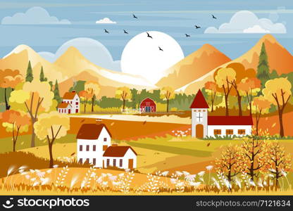 Fantasy panorama landscapes of Countryside in autumn,Panoramic of mid autumn with farm field, mountains, wild grass and leaves falling from trees in orange foliage. Wonderland landscape in fall season