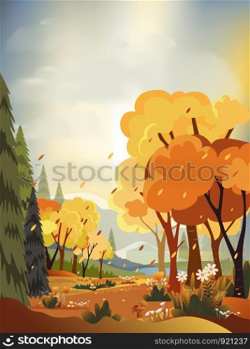 Fantasy panorama landscapes of Countryside in autumn,Panoramic of mid autumn with farm field, mountains, wild grass and leaves falling from trees in yellow foliage. Wonderland landscape in fall season