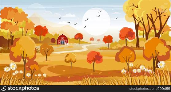 Fantasy panorama landscapes of Countryside in autumn,Panoramic of mid autumn with farm field, mountains, farm house, wild grass and leaves falling from trees in yellow foliage. Wonderland landscape in fall season