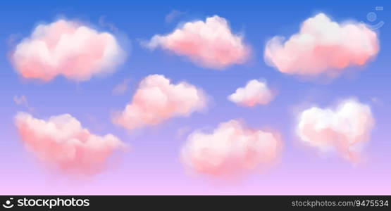Fantasy pink cloud in sky pastel vector background. Abstract 3d candy fluffy texture with gradient. Fairy paradise realistic soft cloudy sunset landscape. Sweet dream illustration painting design. Fantasy pink cloud in sky pastel vector background
