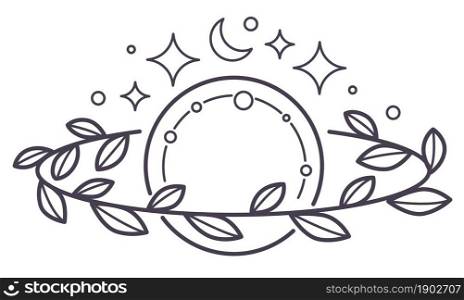 Fantasy plan made of circle and floral wreath. isolated full moon with stars and glowing. Sacred geometry and magical alchemical symbols. Occultism and witchcraft, line art vector in flat style. Full moon with stars and wreath, fantasy planet