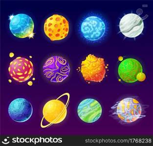 Fantasy planet. Cartoon fantastic alien planets, colorful magic worlds. Space galaxy universe cosmic elements for game design vector set. Craters and comets surface of different colors and shape. Fantasy planet. Cartoon fantastic alien planets, colorful magic worlds. Space galaxy universe cosmic elements for game design vector set