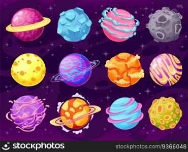 Fantasy planets. Colorful cosmic planet objects for game design fantastic galaxy world, astronomy space universe cartoon vector set. Illustration cosmic space, collection cartoon planets. Fantasy planets. Colorful cosmic planet objects for game design fantastic galaxy world, astronomy space universe cartoon vector set