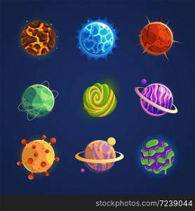Fantasy planets. Colorful different planets space universe, astronomy cosmic objects cosmic galaxies fantastic world. for icons game design. cartoon vector set. Fantasy planets. Colorful different planets space universe, astronomy objects cosmic galaxies fantastic world game design cartoon vector set