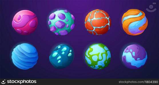 Fantasy planets in outer space for ui galaxy game. Vector cartoon icons set of alien world, fantastic cosmic objects with stones, water, holes and spiral. Magic astronomy collection. Fantasy planets in outer space for ui galaxy game