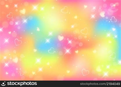 Fantasy rainbow background. Pattern in pastel colors. Sky with stars and hearts. Vector.. Fantasy rainbow background. Pattern in pastel colors. Sky with stars and hearts. Vector