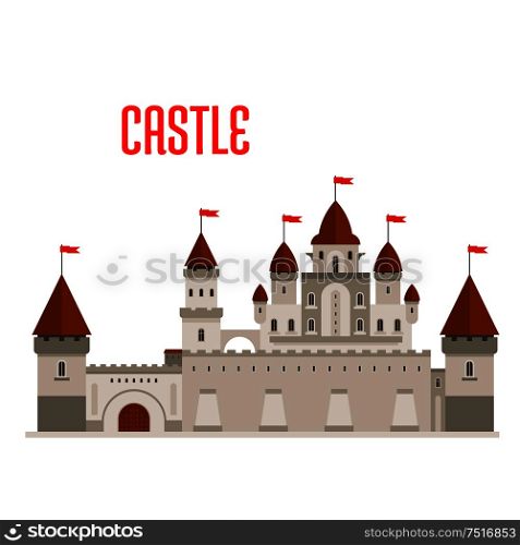 Fantasy royal castle building with beautiful palace in roman style with balconies, round turrets, conical roofs and flags, protected by guardhouse, curtain walls and corner towers. Fairytale, game and history theme. Royal castle with towers and curtain walls