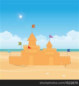 Fantasy Sandcastle with flag. Summer vacation flat design style vector illustration.