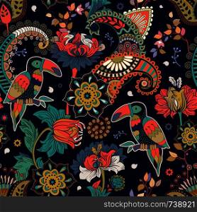 Fantasy seamless pattern. Decorative floral design for fabric, textile, wrapping paper, card, cover, wallpaper. Colorful stylized flowers and birds. Bright vector decorative background with plants.