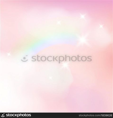 Fantasy Sky Background with Cute Rainbow. Vector Pink Clouds in Realistic Style. Baby Unicorn Wallpaper.. Fantasy Sky Background with Cute Rainbow. Pink Clouds in Realistic Style. Baby Unicorn Wallpaper. Vector Illustration.