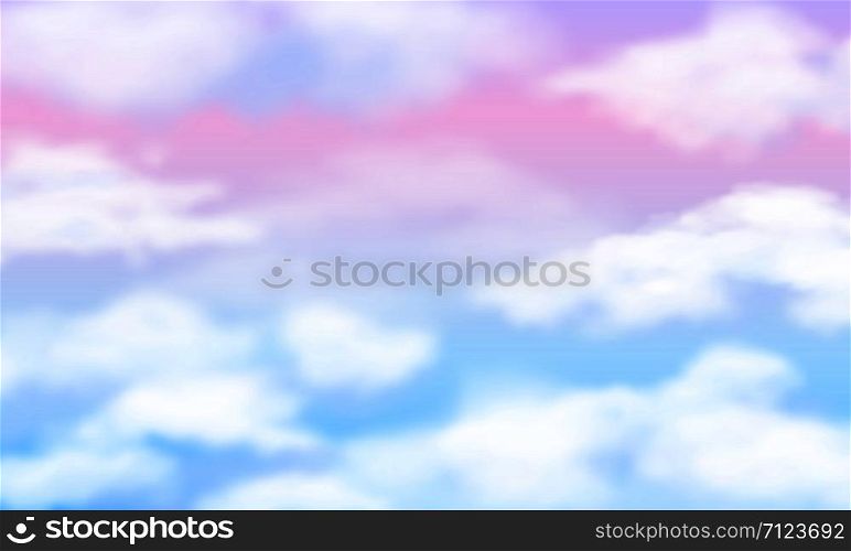 Fantasy sky. White clouds on magic rainbow background. Fairy cute unicorn cloudy vector wallpaper. Illustration of weather cloud fantasy, pattern dream background. Fantasy sky. White clouds on magic rainbow background. Fairy cute unicorn cloudy vector wallpaper