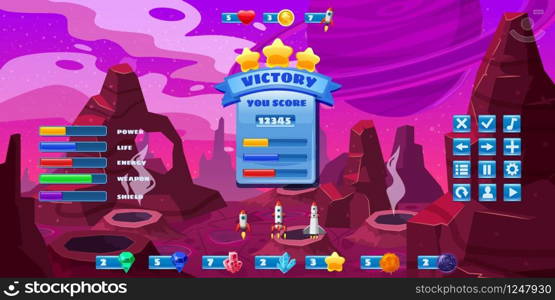 Fantasy space cartoon game concept background and Ui basic buttons and icons. Fantasy space cartoon game concept background and Ui basic buttons and icons. Funny sci-fi alien planet landscape for a space arcade game level design. Vector isolated