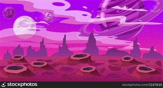 Fantasy space cartoon game concept background. Fantasy space cartoon game concept background. Funny sci-fi alien planet landscape for a space arcade game level design. Vector isolated