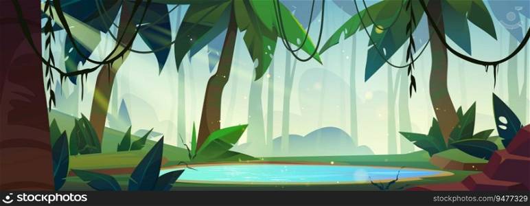 Fantasy spooky green jungle forest background with palm tree and tropic liana stem. Mystery rainforest illustration picture for adventure game environment. Lake water with rock scene nature wallpaper. Fantasy spooky green jungle forest background