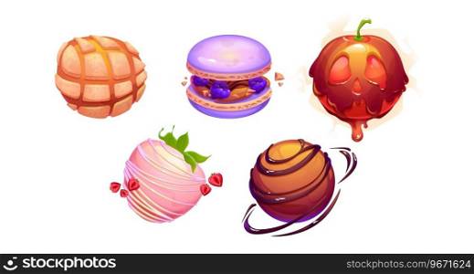 Fantasy sweet desserts planet. Cartoon vector set of confectionery and bakery balls for game space assets. Round cosmic worlds like waffles, ice cream with strawberry, macaroon and chocolate pastries. Fantasy sweet desserts planet.