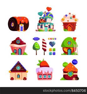 Fantasy sweet houses. Fairy tale decorated buildings with cookies and candy chocolate delicious cream food garish vector flat illustrations isolated. Fantasy childhood cake. Fantasy sweet houses. Fairy tale decorated buildings with cookies and candy chocolate delicious cream food garish vector flat illustrations isolated