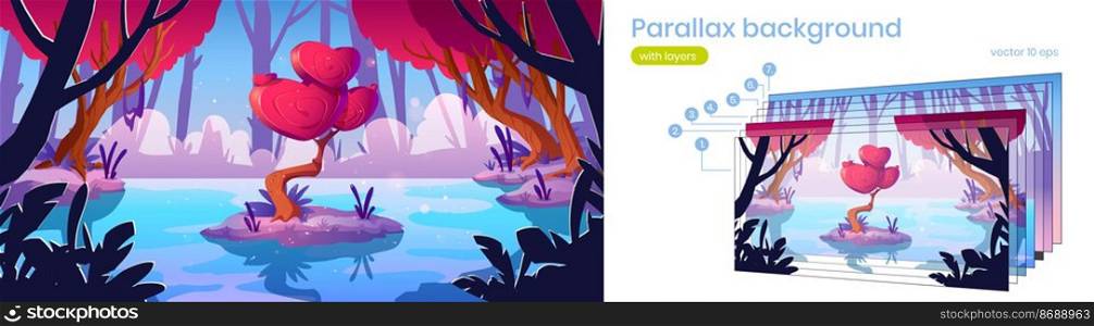 Fantasy tree with hearts shape crown in forest pond. Vector parallax background for 2d game with cartoon landscape with magic red mushroom, unusual romantic tree. Parallax background with fantasy unusual tree