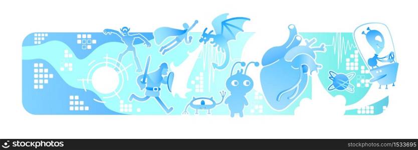 Fantasy video game 2D vector web banner, poster. Monster in simulation. Action videogame flat characters on cartoon background. Simulator for entertainment. Futuristic cyber space colorful scene. Fantasy video game 2D vector web banner, poster