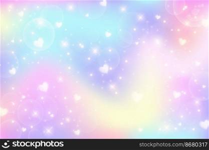 Fantasy watercolor illustration with rainbow pastel sky with stars and hearts. Abstract unicorn cosmic backdrop. Cartoon girlie vector illustration. Fantasy watercolor illustration with rainbow pastel sky with stars and hearts. Abstract unicorn cosmic backdrop. Cartoon girlie vector illustration.