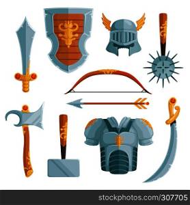 Fantasy weapons in cartoon style. Vector illustrations set. Sword weapon and medieval ancient axe. Fantasy weapons in cartoon style. Vector illustrations set