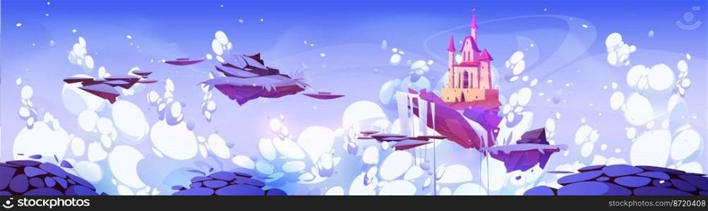 Fantasy winter landscape with castle, snow and frozen waterfall on floating islands. Royal palace, ice and white snow on ground pieces flying in sky with clouds, vector cartoon illustration. Winter scene with castle on floating islands
