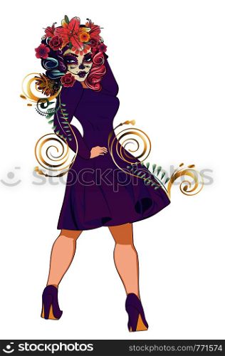 Fantasy witch woman with sugar skull makeup and flowers in vintage purple dress.