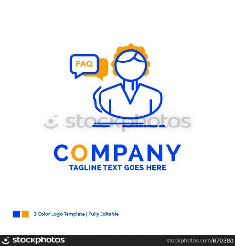 FAQ, Assistance, call, consultation, help Blue Yellow Business Logo template. Creative Design Template Place for Tagline.