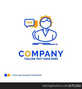 FAQ, Assistance, call, consultation, help Blue Yellow Business Logo template. Creative Design Template Place for Tagline.