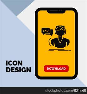 FAQ, Assistance, call, consultation, help Glyph Icon in Mobile for Download Page. Yellow Background. Vector EPS10 Abstract Template background