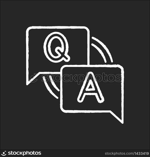 FAQ chalk white icon on black background. Frequently asked questions. Customer support service. Answers for clients. Letters in speech bubble. Forum discussion. Isolated vector chalkboard illustration. FAQ chalk white icon on black background