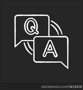 FAQ chalk white icon on black background. Frequently asked questions. Customer support service. Answers for clients. Letters in speech bubble. Forum discussion. Isolated vector chalkboard illustration. FAQ chalk white icon on black background