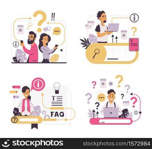FAQ concept. Customer support and forum question metaphor, helpful information and online communication. Vector illustrations questions and answers set for support center. FAQ concept. Customer support and forum question metaphor, helpful information and online communication. Vector questions and answers set