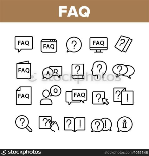 Faq Frequently Asked Questions Icons Set Vector Thin Line. Website And Word Faq In Quote Frame, Exclamation And Information Mark Concept Linear Pictograms. Monochrome Contour Illustrations. Faq Frequently Asked Questions Icons Set Vector