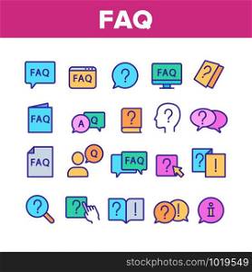 Faq Frequently Asked Questions Icons Set Vector Thin Line. Website And Word Faq In Quote Frame, Exclamation And Information Mark Concept Linear Pictograms. Color Contour Illustrations. Faq Frequently Asked Questions Color Set Vector