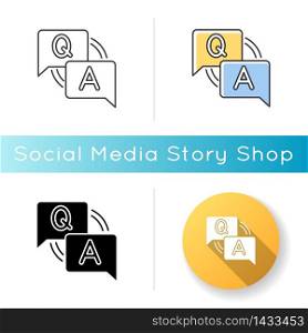 FAQ icon. Frequently asked questions. Customer support service. Answers for clients. Letters in speech bubble. Social media helpdesk. Linear black and RGB color styles. Isolated vector illustrations. FAQ icon