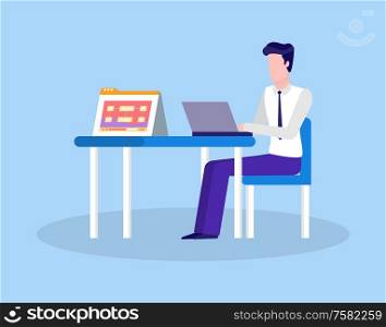 FAQ person answering questions feedback online vector. Man wearing formal clothes, working by laptop using modern technologies. Support for clients. FAQ Person Answering Questions Feedback Online