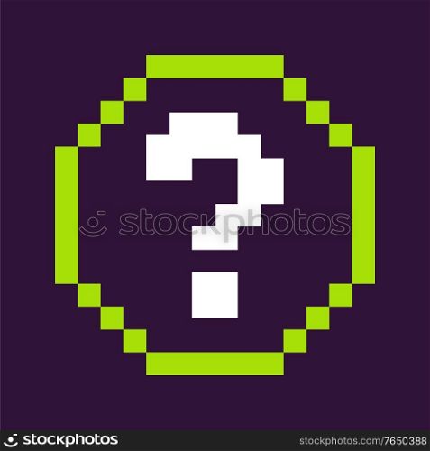 Faq pixel icon vector, pixelated question mark in frame, circle button in gaming process, creative design of retro gamification, 8 bit flat style. Question Mark in Circle, Pixel Game Icon Vector