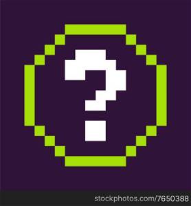 Faq pixel icon vector, pixelated question mark in frame, circle button in gaming process, creative design of retro gamification, 8 bit flat style. Question Mark in Circle, Pixel Game Icon Vector