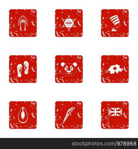 Far east trip icons set. Grunge set of 9 far east trip vector icons for web isolated on white background. Far east trip icons set, grunge style