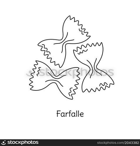 Farfalle pasta illustration. Vector doodle sketch. Traditional Italian food. Hand-drawn image for engraving or coloring book. Isolated black line icon. Editable stroke